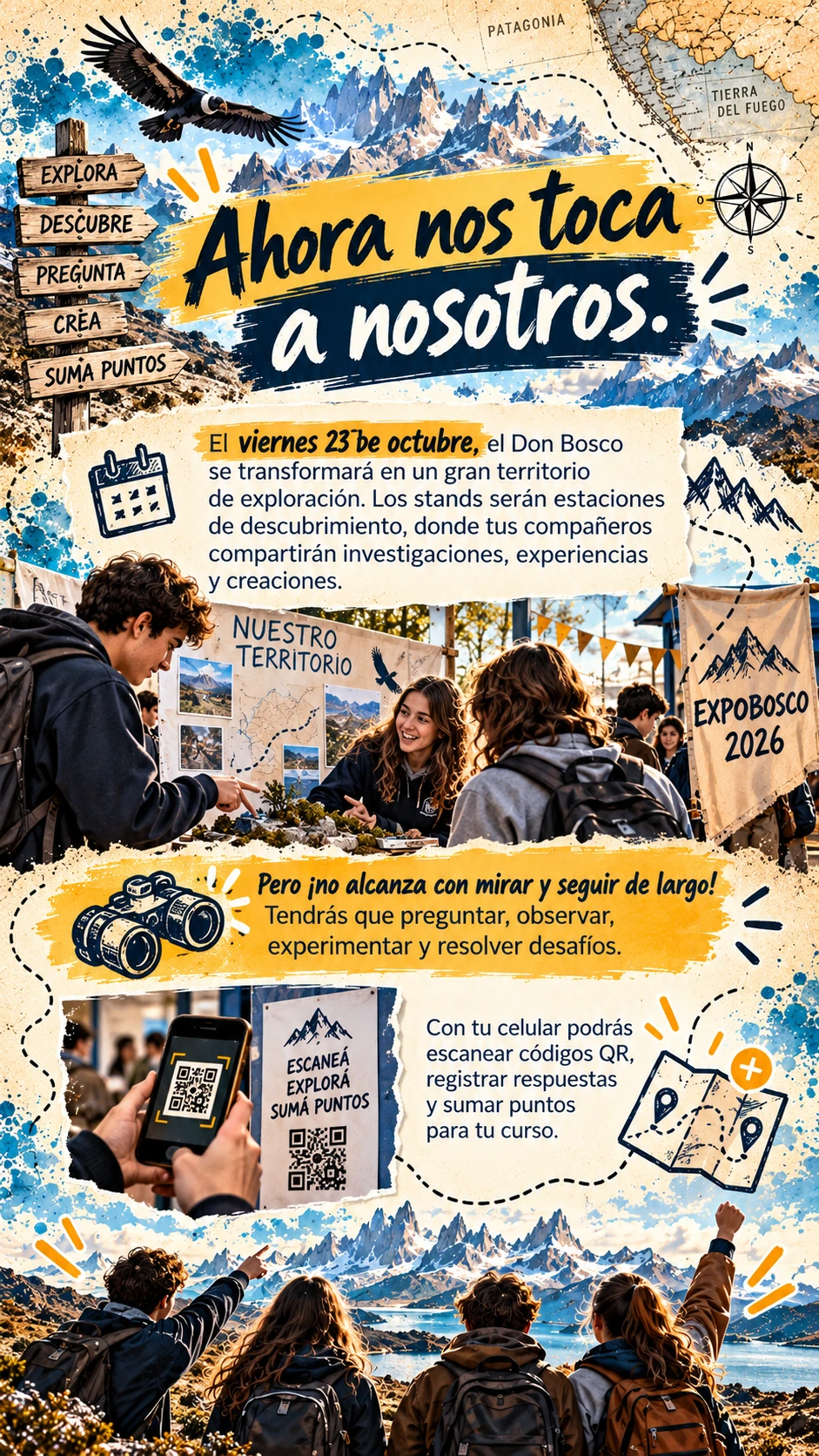 Ahora nos toca a nosotros. Placa ilustrada del relato de EXPOBOSCO; el texto completo está disponible debajo.