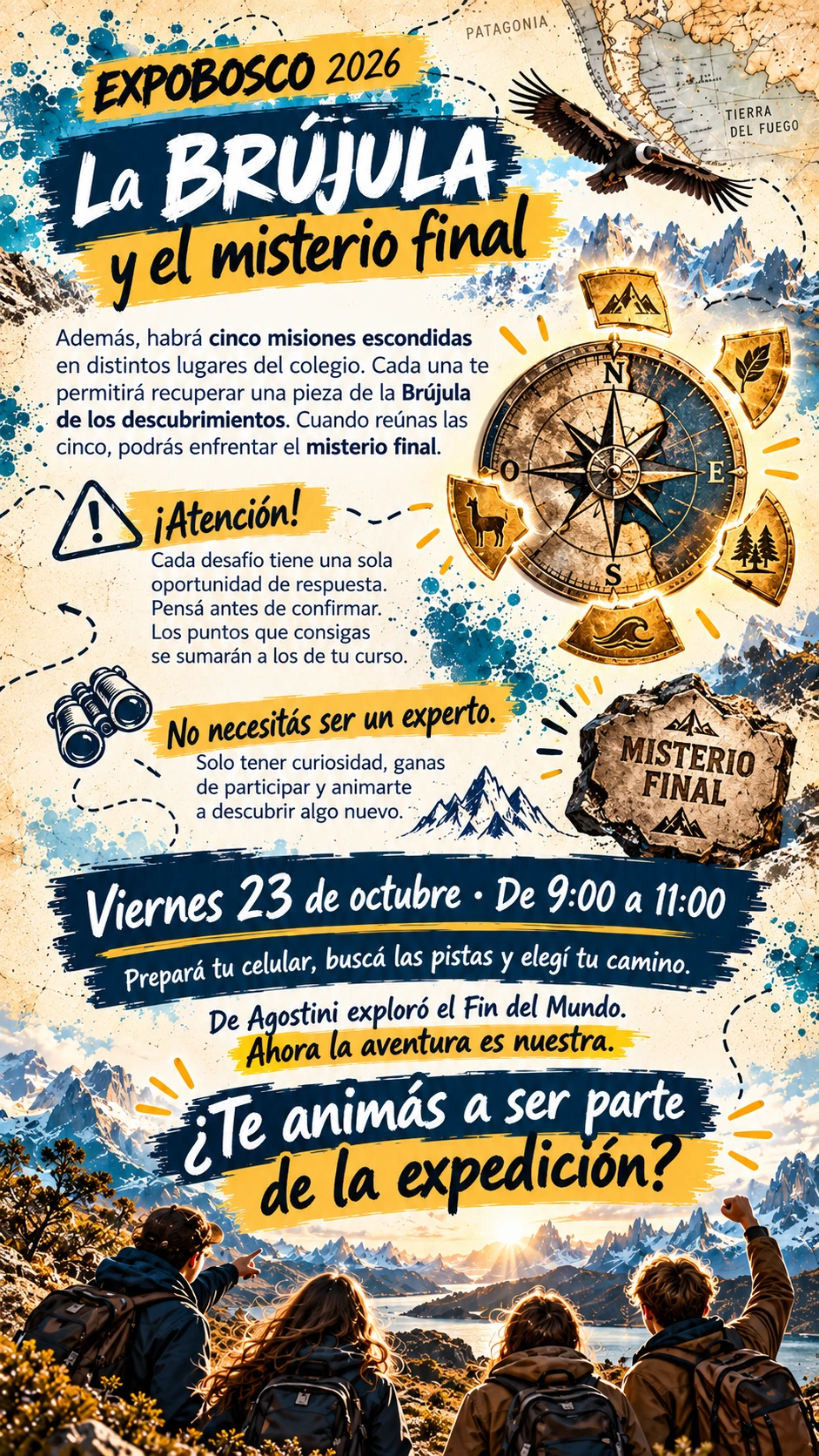 La brújula y el misterio final. Placa ilustrada del relato de EXPOBOSCO; el texto completo está disponible debajo.